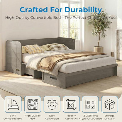 Mjkone Queen Size Murphy Cabinet Bed with Mattress Include, Queen Cube Cabinet Bed with Storage Drawer, Modern Murphy Beds with USB Charging Station for Guest Room Living Room Apartment, Grey