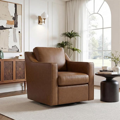 Faux Leather Swivel Accent Chair, 360° Swivel Upholstered Club Armchairs for Living Room, Comfy Single Sofa Reading Chair with Deep Seat, Metal Swivel Base, Coffee