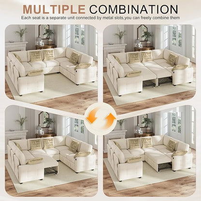 Hanherry Sectional Couch with Pull Out Sofa Bed,Chenille Sleeper Sofa with 2 Seat Storage & USB Charging,Comfy L Shaped Modular Couches for Living Room,Apartment