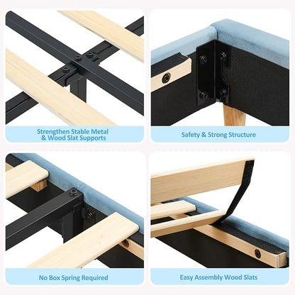 GarveeHome Twin Bed Frame with Drawer, Velvet Upholstered Platform Bed Frame with Storage Headboard, No Box Spring Needed, Easy Assembly, Noise-Free, Blue