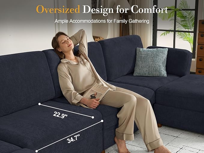 Oversized Modular Sectional Sofa U-Shaped Cloud Couches Blue | Large Deep Seat Couch for Living Room, 9 Seater Luxury Corner Sofa with Ottoman, Solid Wood Frame, Removable Washable Cover