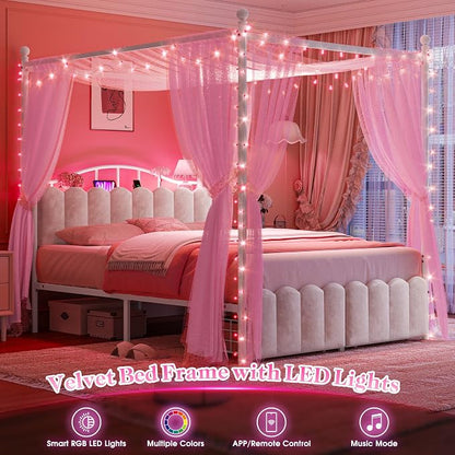 Homkdom Canopy Bed Frame Queen Size with Upholstered Storage Headboard and Charging Station & LED Lights, 2 Oversized Drawers,Heavy-Duty Support, No Box Spring,Quiet Sleep,Easy Assembly, White