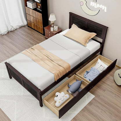 KOMFOTT Twin Size Wood Bed Frame with 2 Storage Drawers, Mid Century Platform Bed Frame with Headboard, Sturdy Wooden Slats Support, Modern Mattress Foundation, No Box Spring Required, Easy Assembly