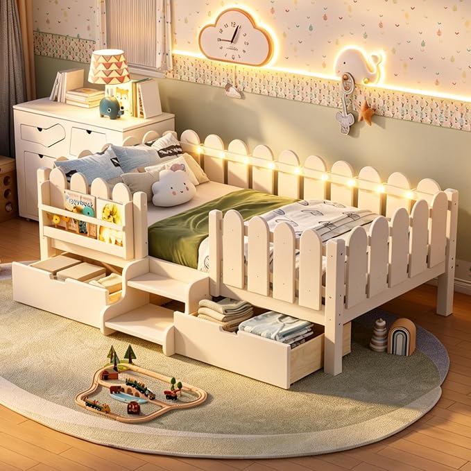 Bellemave Twin Montessori Bed with Stairs, Lights, Rails and Slats, Twin Size Montessori Floor Bed with Bookshelf and 2 Storage Drawers, Easy Assemble Beds Frame for Girls, Boys, Beige
