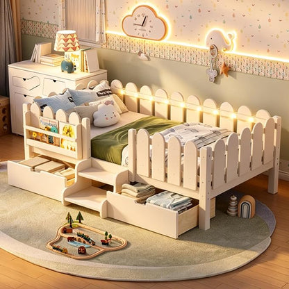 Bellemave Twin Montessori Bed with Stairs, Lights, Rails and Slats, Twin Size Montessori Floor Bed with Bookshelf and 2 Storage Drawers, Easy Assemble Beds Frame for Girls, Boys, Beige