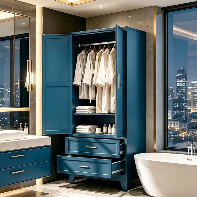 71" H Blue Closet,Armoire Wardrobe Closet,Metal Wardrobe Closet with Doors and Shelves,Large Wardrobe Closet for Bedroom