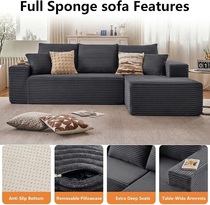 Sectional Couches for Living Room Cloud Couch Sofa with L-Shape Couch in a Box Upholstered Boneless Couchs Modern Modular Sectional Couch with Chaise (Dark Grey,B-3 Seater-Right-Facing Chaise-96inch)