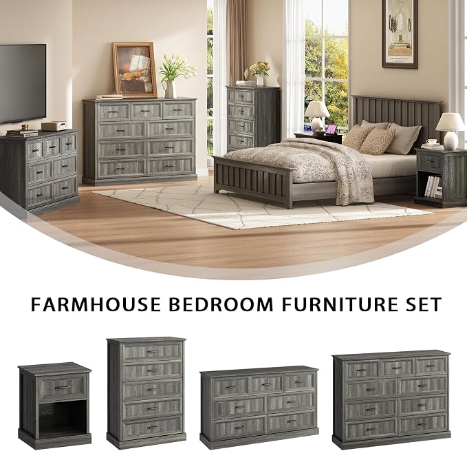CARPETNAL Farmhouse Dresser and Nightstand Sets for Bedroom, 3 Pcs Bedroom Set, 6 Drawer Dresser & Nightstand Set of 2, Modern Wood Chest of Drawers for Bedroom, Living Room, Entryway, Grey