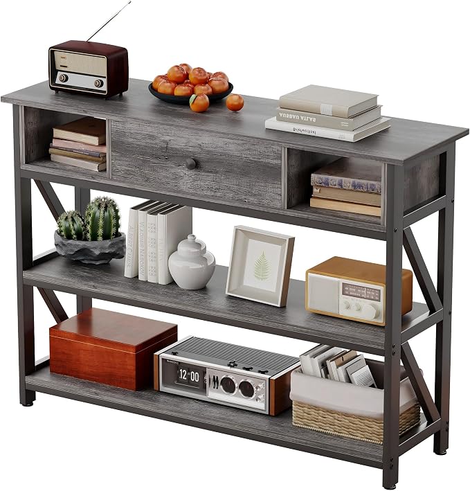 Mexin 39 Inch Console Sofa Table with Drawer, Entryway Table with Storage Shelves, Industrial Wood Hallway Table for Living Room, Couch, Foyer, Kitchen Counter, Grey Oak