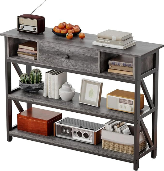 Mexin 39 Inch Console Sofa Table with Drawer, Entryway Table with Storage Shelves, Industrial Wood Hallway Table for Living Room, Couch, Foyer, Kitchen Counter, Grey Oak