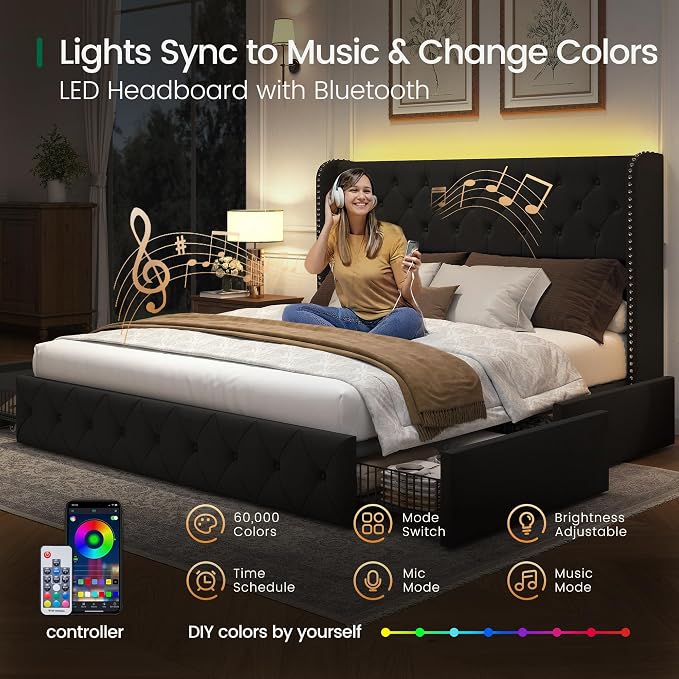 LARMACE King Size Bed Frame with LED Lights and 4 Storage Drawers Velvet Upholstered Platform Bed Frame with 47.2" Tall Tufted Headboard Wingback, No Box Spring Needed, Easy to Assemble, Black