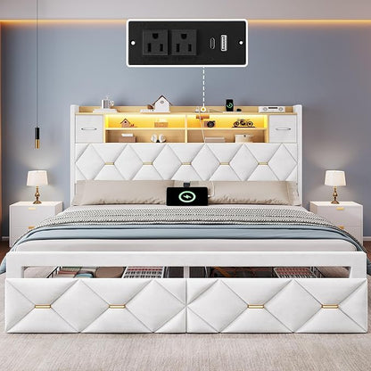 DWVO King Size Bed Frame with 2 Storage Drawers and Storage Headboard, Upholstered Platform with Charging Station and LED Light, No Box Spring Needed, Noise Free, Easy Assembly, Velvet White