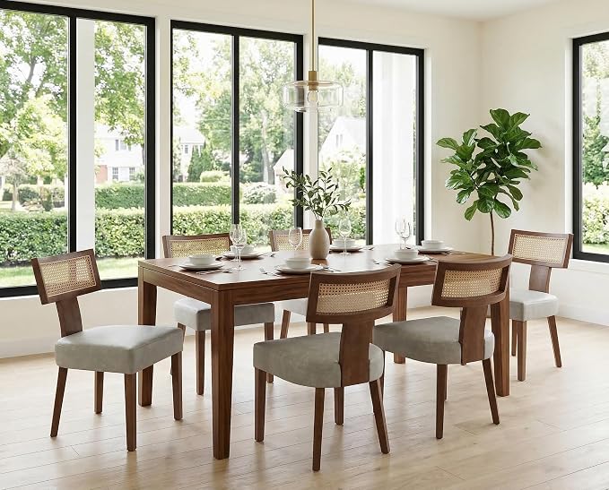 RIVOVA Modern Dining Chairs, Set of 4 - Rattan Back, Pu Leather Upholstered, Kitchen Chairs with Solid Wood Frame, Grey