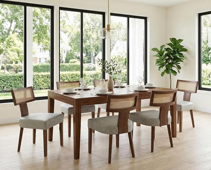 RIVOVA Modern Dining Chairs, Set of 4 - Rattan Back, Pu Leather Upholstered, Kitchen Chairs with Solid Wood Frame, Grey