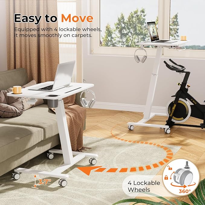 JOY worker Mobile Standing Desk for Treadmill, 31.5" Small Pneumatic Height Adjustable Walking Pad Desk, 40° Foldable Rolling Bike Trainer Stand Table on Wheels with Cup Holder & Towel Rack, White
