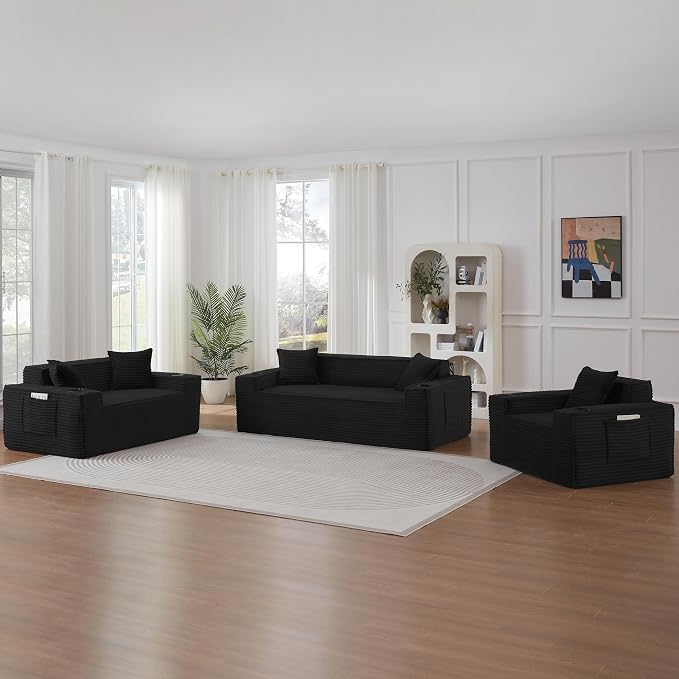 Boneless Sectional Sofa 3 Piece Set with Cup Holders & Side Pockets, Modern Corduroy Fabric Deep Seat Cloud Couch Living Room, Office, No Assembly (Black)