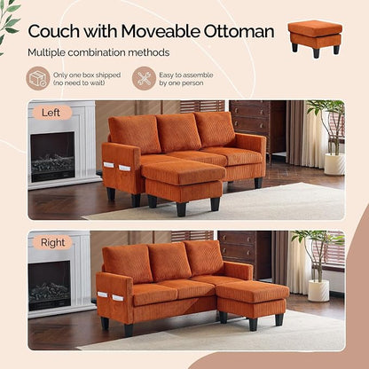 VINGLI 68.5' L Shaped Couch with Movable Storage Ottoman, Convertible Sectional Sofa in Soft Corduroy Fabric, Modern Reversible Chaise Couch for Small Spaces, Apartment, Living Room，Orange
