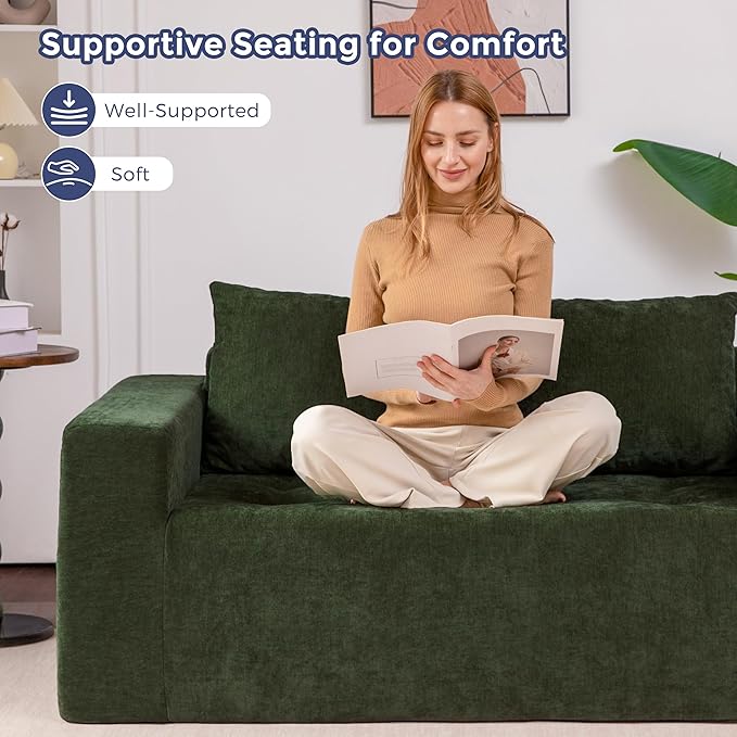 MAXYOYO Modular Sofa Couch, 61" Loveseat Boneless Cloud Couch with Deep Seat, Chenille Upholstered Living Room Comfy Sofa Chair for Living Room, No Assembly Required, Dark Green