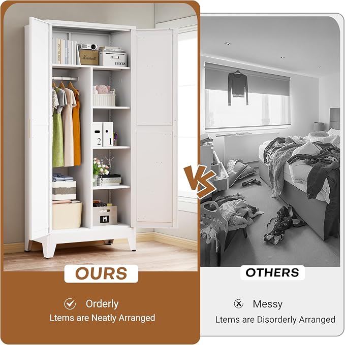 Metal Armoire Wardrobe Closet, 71" Steel Clothing Storage Cabinet with 2 Doors, Hanging Rod & Shelves, Bedroom Armoire Closet, White Wardrobe Cabinets for Bedroom