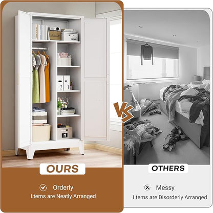 Metal Armoire Wardrobe Closet, 71" Steel Clothing Storage Cabinet with 2 Doors, Hanging Rod & Shelves, Bedroom Armoire Closet, White Wardrobe Cabinets for Bedroom