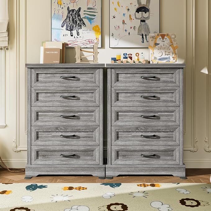 AODK Farmhouse 5 Drawer Dresser for Bedroom, 47" Tall Engineered Wooden Chest of Drawers with Metal Handle, Modern Storage Cabinet and Organizers for Closet, Living Room, Entryway, Gray