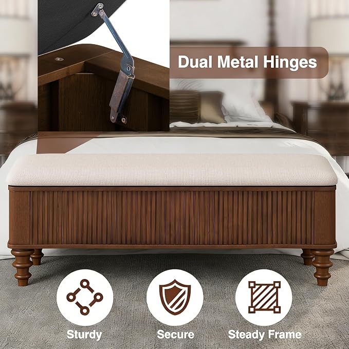 50.8-inch Multi-Functional Storage Ottoman Bench-Solid Rubberwood Bed End Bench with Linen Seat, Storage Bench for Bedroom, Entryway Shoe Organizer for Bedroom, Living Room, Entryway, Closet, Walnut