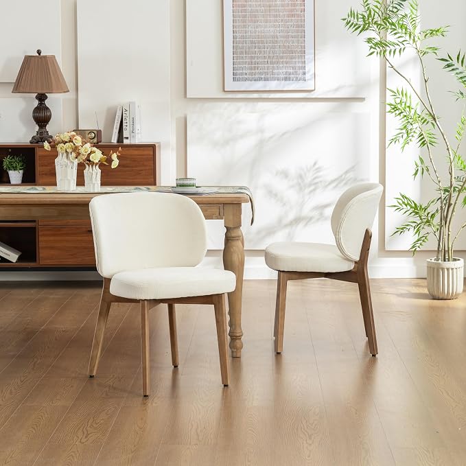 YOUNIKE Dining Chairs Set of 6 Modern Kitchen Dining Room Chairs Beige | Chenille Fabric Upholstered Armless Side Accent Chair with Back Wide Padded Seat Wooden Leg, Soft, Breathable, Comfortable