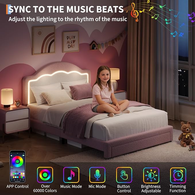 IDEALHOUSE Full Bed Frame with LED Headboard and Under-Bed Drawer, Boucle Fabric Upholstered Platform Bed with LED Light for Kids, Girls, Wooden Slats Support, No Box Spring Needed, Pink