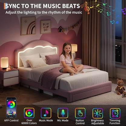 IDEALHOUSE Full Bed Frame with LED Headboard and Under-Bed Drawer, Boucle Fabric Upholstered Platform Bed with LED Light for Kids, Girls, Wooden Slats Support, No Box Spring Needed, Pink
