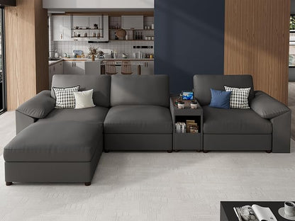 EASE MOOSE Leather Sectional Couch with Console, Oversized Modular Sectional Sofas, Wide Deep Seat Modular Couch, Scratch Resistant Faux Leather Material, L Shaped Sofa for Big Spaces, Grey