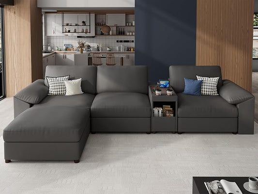 EASE MOOSE Leather Sectional Couch with Console, Oversized Modular Sectional Sofas, Wide Deep Seat Modular Couch, Scratch Resistant Faux Leather Material, L Shaped Sofa for Big Spaces, Grey
