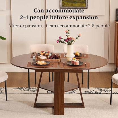ClinQ 43-59in Extendable Round Dining Table for 4-6, Round to Oval Dining Room Table with Removable Leaves, Space Saving Dinner Table with Storage Shelf, Walnut