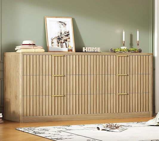 TEENFON 56.3'' Dresser for Bedroom with 6 Drawers, Dressers & Chest of Drawers with Curved Profile Design, 6 Drawer Dresser, Fluted Dressers, Wood Dressers for Bedroom, Living Room, Natural