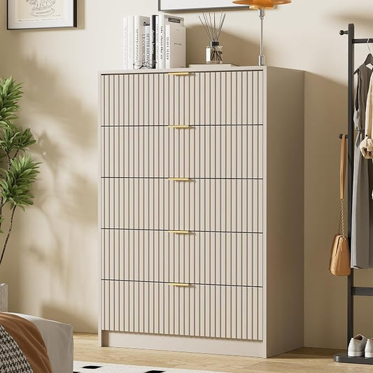 Furniway Beige Dresser Bedroom Set 3 Pieces, Nightstands Sets of 2, 5 Drawer Dresser with Gold Handles for Bedroom