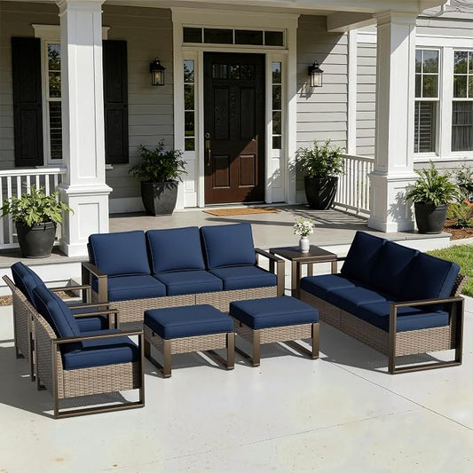 Joyside Outdoor Patio Chairs, 7 Pieces Wicker Rattan Furniture Set, 2 Patio Chairs, 2 Sofa, 2 Ottoman and 1 Table, Metal Wide Armrest, Thick Cushions and Deep Seating for Garden, Backyard, Porch