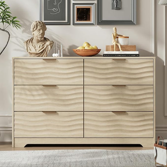 MALOL Coastline Fluted 6 Drawers Dresser for Bedroom, 48" Wide Modern Chest of TV Stand Organizers with Metal Handle, Storage Wooden Dresser Drawer for Living Room, Hallway, Closet, Natural Wood