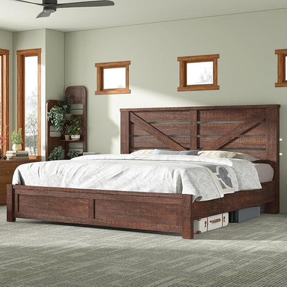AMERLIFE King Size Bed Frame with 49.2" Barn Door Headboard and Footboard, Rustic Farmhouse Platform Bed Frame with Wood Slats, No Box Spring Needed, Under Bed Storage, Reclaimed Barnwood