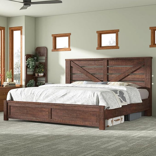 AMERLIFE King Size Bed Frame with 49.2" Barn Door Headboard and Footboard, Rustic Farmhouse Platform Bed Frame with Wood Slats, No Box Spring Needed, Under Bed Storage, Reclaimed Barnwood
