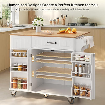 Ahomly Kitchen Island with Storage, 44.49" Kitchen Island with Trash Can Storage, Drop Leaf Rubberwood Top, Knife Holder, Adjustable Shelf, Towel Bar, Drawer, Spice Rack, White