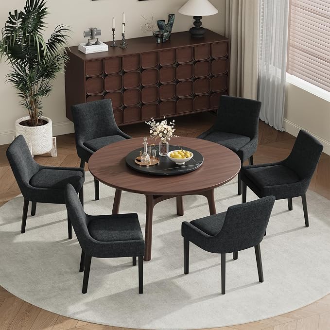 Modern Dining Room Chairs Set of 4 with Mid Back and Wood Legs, Upholstered Kitchen Chairs for Dining Room/Living Room, Black