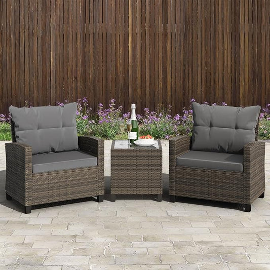 Shintenchi 3 Pieces Patio Furniture Set 3 Pieces PE Rattan Wicker Chairs with Table Outdoor Furniture for Backyard/Garden/Poolside/Outdoor Restaurant Gary Rattan with Gary Cushion