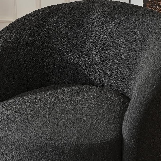 KINWELL 34" W Mid Century Modern Swivel Barrel Chair, Round Upholstered Boucle Swivel Accent Chairs, No Assembly Sofa Chair for Living Room Bedroom Reading Apartment Lounge Nursery(Black)