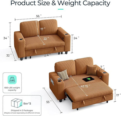 LINSY HOME Sectional Sleeper Sofa Pull Out Couches for Living Room (Brown, Pull Out Couch) | Pull Out Sofa Bed, Storage, USB Charging, Cup Holders, Plush Corduroy