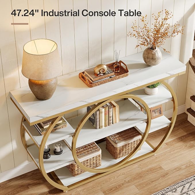 Tribesigns 47" Industrial Entryway Table with Staggered 5-Tier Shelf | Narrow Console Table with Metal Frame, Sofa Table for Living Room Entryway, Hallway, Foyer, White & Gold