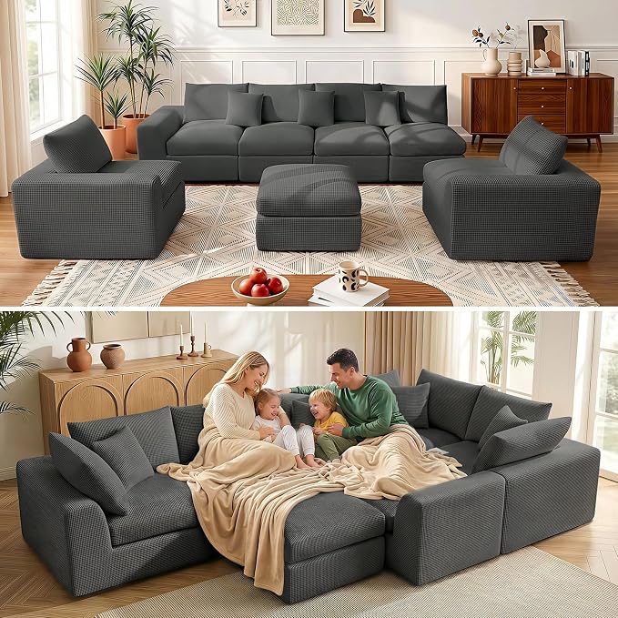 Benazcap Oversized Cloud Sectional Couches for Living Room, L-Shaped Convertible Sofa, 7-Seat Modular Boneless Couch with Movable Ottoman, Darkgrey