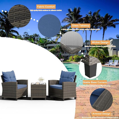 Shintenchi 3 Pieces Patio Furniture Set 3 Pieces PE Rattan Wicker Chairs with Table Outdoor Furniture for Backyard/Garden/Poolside/Outdoor Restaurant Gary Rattan with Blue Cushion