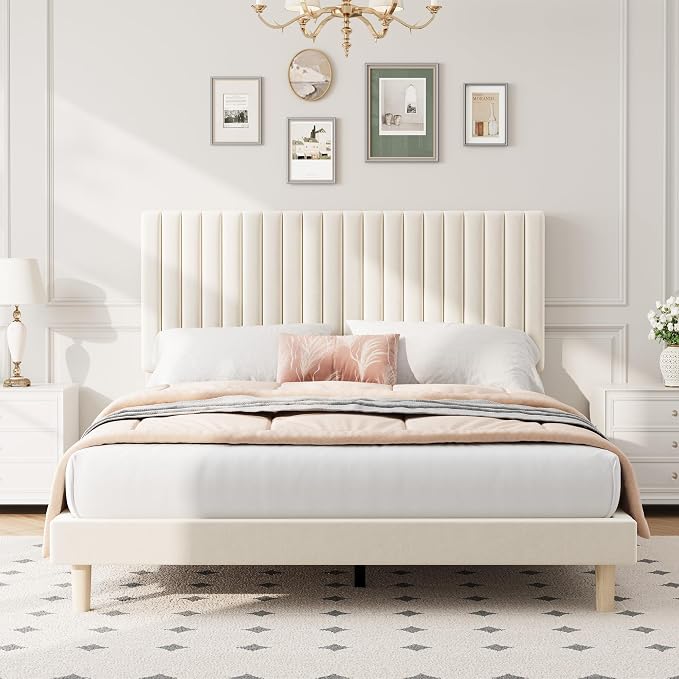 IDEALHOUSE Full Bed Frame with Adjustable Headboard, Velvet Upholstered Platform Full Size Bed Frame, Vertical Channel Tufted, Strong Wooden Slats, No Box Spring Needed, Easy Assembly, Beige