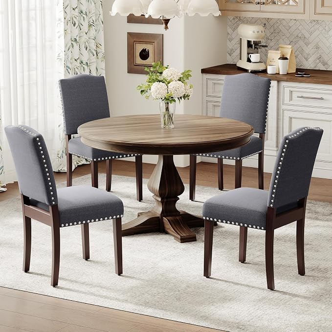 Upholstered Parsons Dining Chairs Set of 4, Modern Dining Room Chairs with Back, Fabric Kitchen Side Chairs with Wood Legs, Nailhead Trim for Dinner Farmhouse Restaurant, Darkgrey