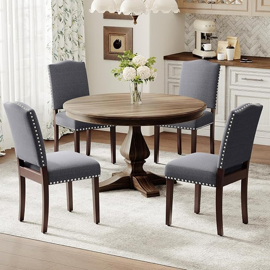 Upholstered Parsons Dining Chairs Set of 4, Modern Dining Room Chairs with Back, Fabric Kitchen Side Chairs with Wood Legs, Nailhead Trim for Dinner Farmhouse Restaurant, Darkgrey