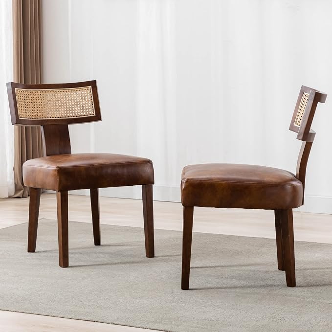RIVOVA Mid Century Modern Dining Chairs Set of 6 Rattan Kitchen Chairs PU Leather Upholstered Side Chairs, Modern Kitchen Armless Solid Wood Dining Chairs, Brown